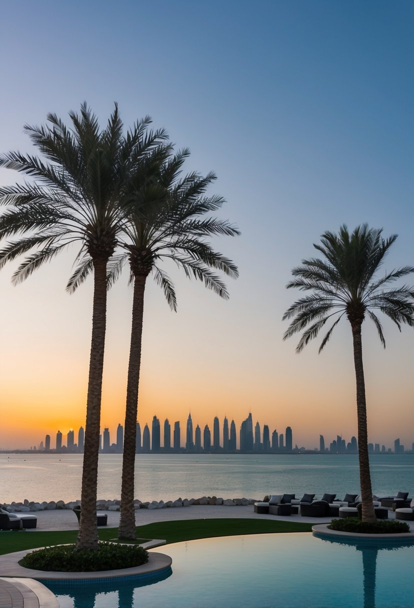 A sunset view of Dubai's iconic skyline with palm trees and a luxury resort, overlooking the tranquil waters of the Arabian Gulf