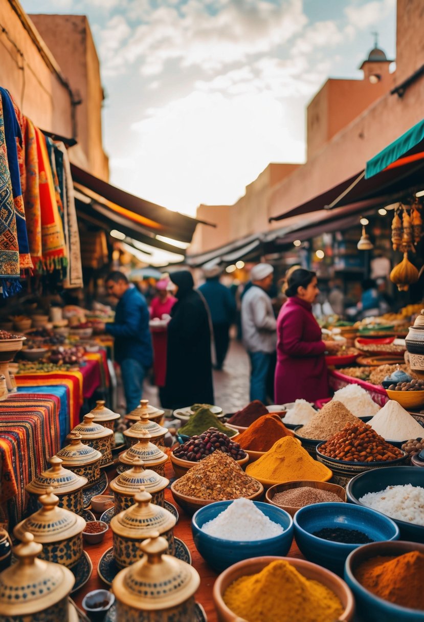 A bustling Marrakech market with colorful textiles, intricate pottery, and aromatic spices under the warm November sun