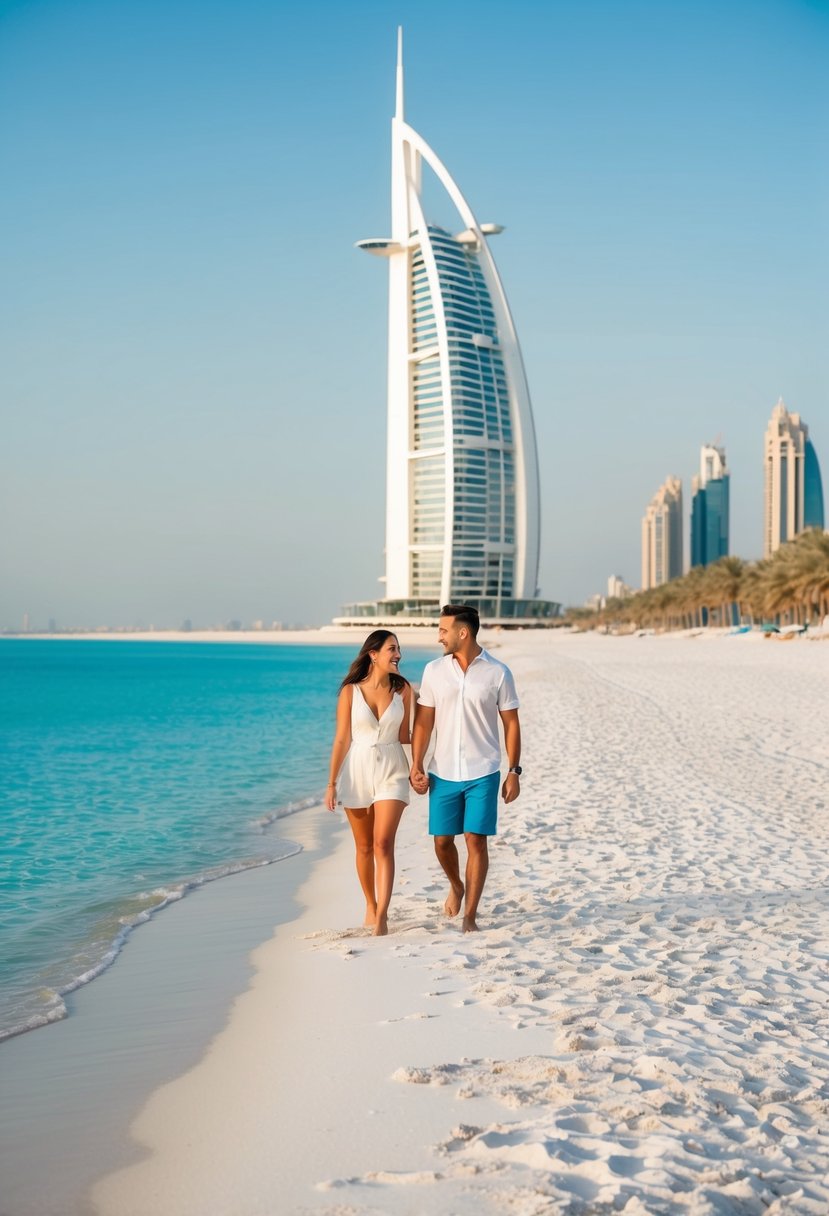 A couple strolling along the white sandy beaches of Dubai, with the iconic Burj Al Arab in the background, surrounded by clear blue waters and palm trees