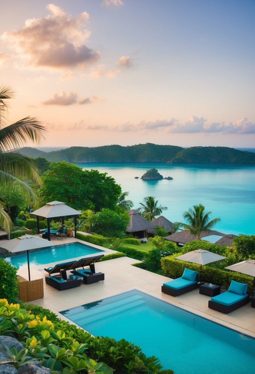A tranquil resort nestled in lush gardens with a pool and spa, overlooking the crystal-clear waters of Saba