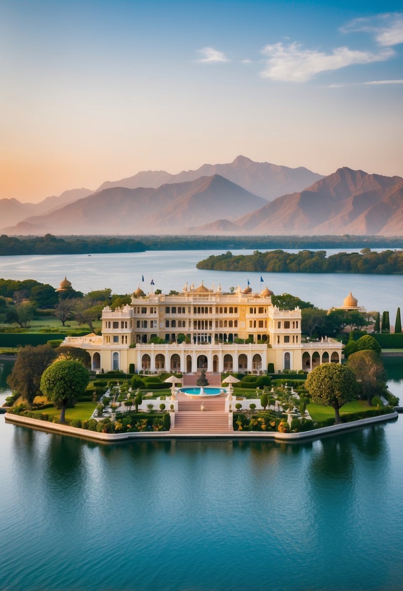 A majestic palace hotel sits on an island in the middle of a tranquil lake, surrounded by lush gardens and the majestic Aravalli Mountains in the distance
