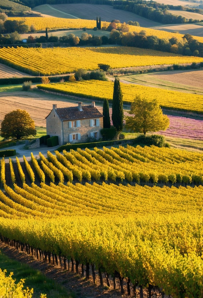 Golden vineyards and vibrant lavender fields stretch across the rolling hills of Provence, France in October. A quaint stone farmhouse sits nestled among the picturesque landscape