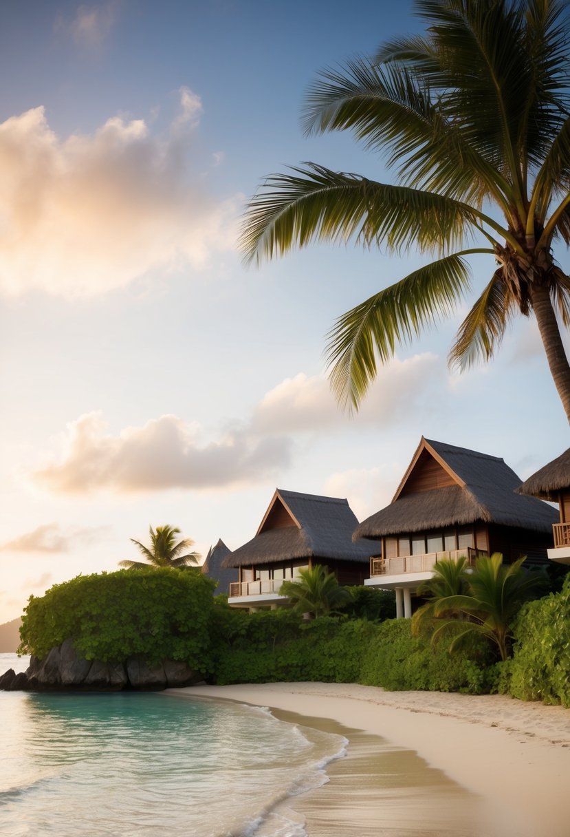 A secluded beachfront with lush tropical foliage and luxurious villas at Banyan Tree Seychelles