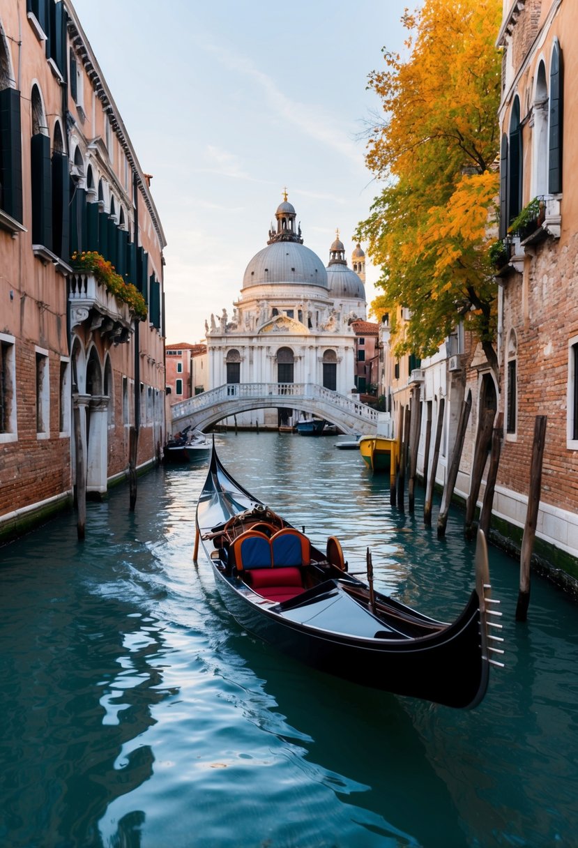 A gondola gliding through the narrow canals of Venice, surrounded by historic buildings and colorful autumn foliage