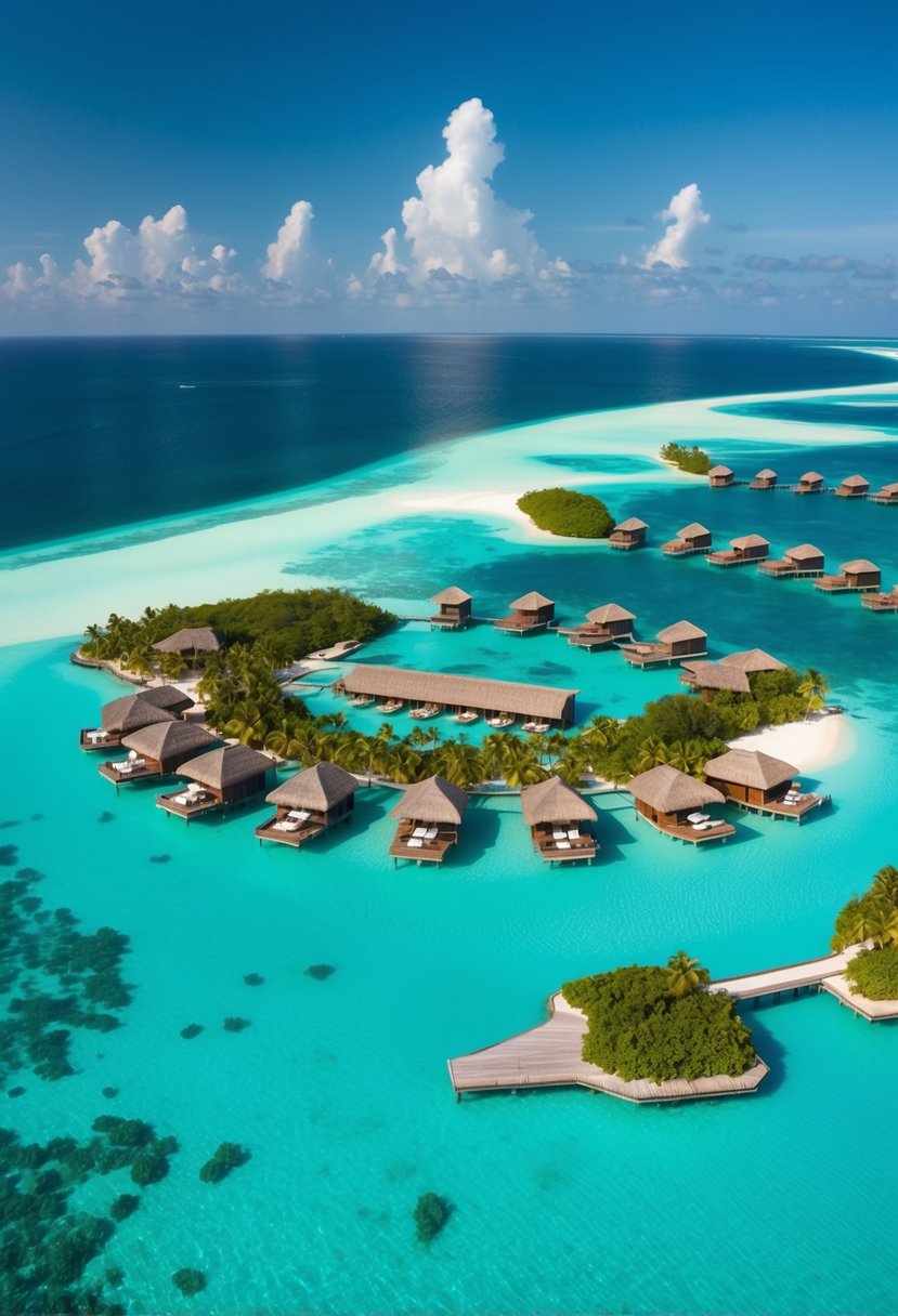 Aerial view of overwater villas on turquoise lagoon at Shangri-La’s Villingili Resort, Maldives