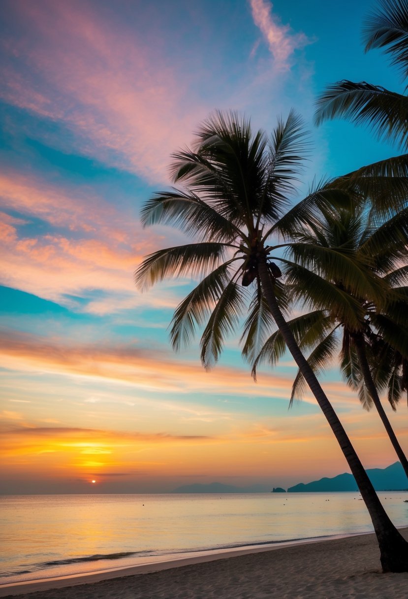 A tranquil beach at sunset, with palm trees and a colorful sky in Bali, Indonesia