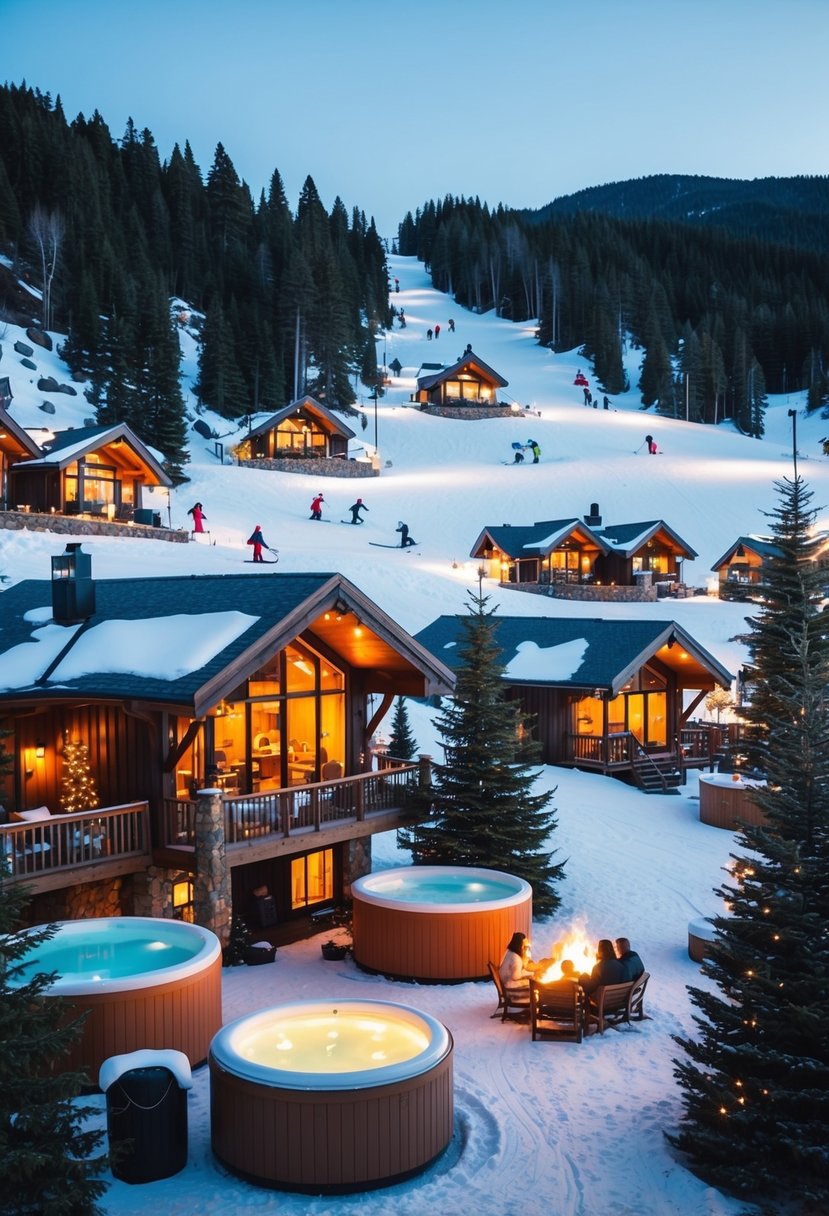 A snowy mountain resort with cozy cabins, hot tubs, and twinkling lights nestled among evergreen trees. Skiers and snowboarders glide down the slopes, while couples sip hot cocoa by the fire