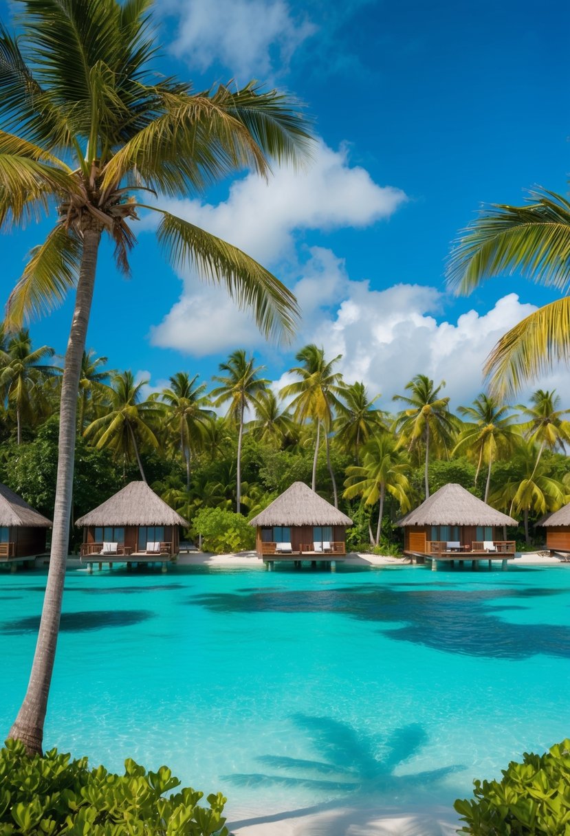 Turquoise lagoon with overwater bungalows surrounded by palm trees and lush greenery on a sunny day in Bora Bora, French Polynesia