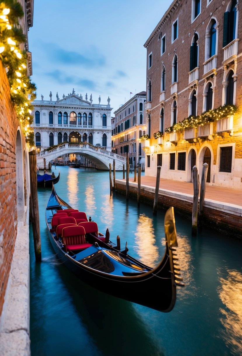 A gondola glides through the narrow canals of Venice, passing by historic buildings adorned with festive holiday lights