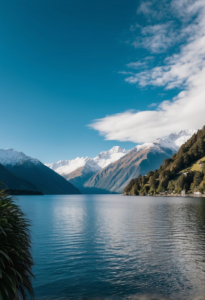 A serene lakeside view with snow-capped mountains, lush greenery, and a clear blue sky in Queenstown, New Zealand