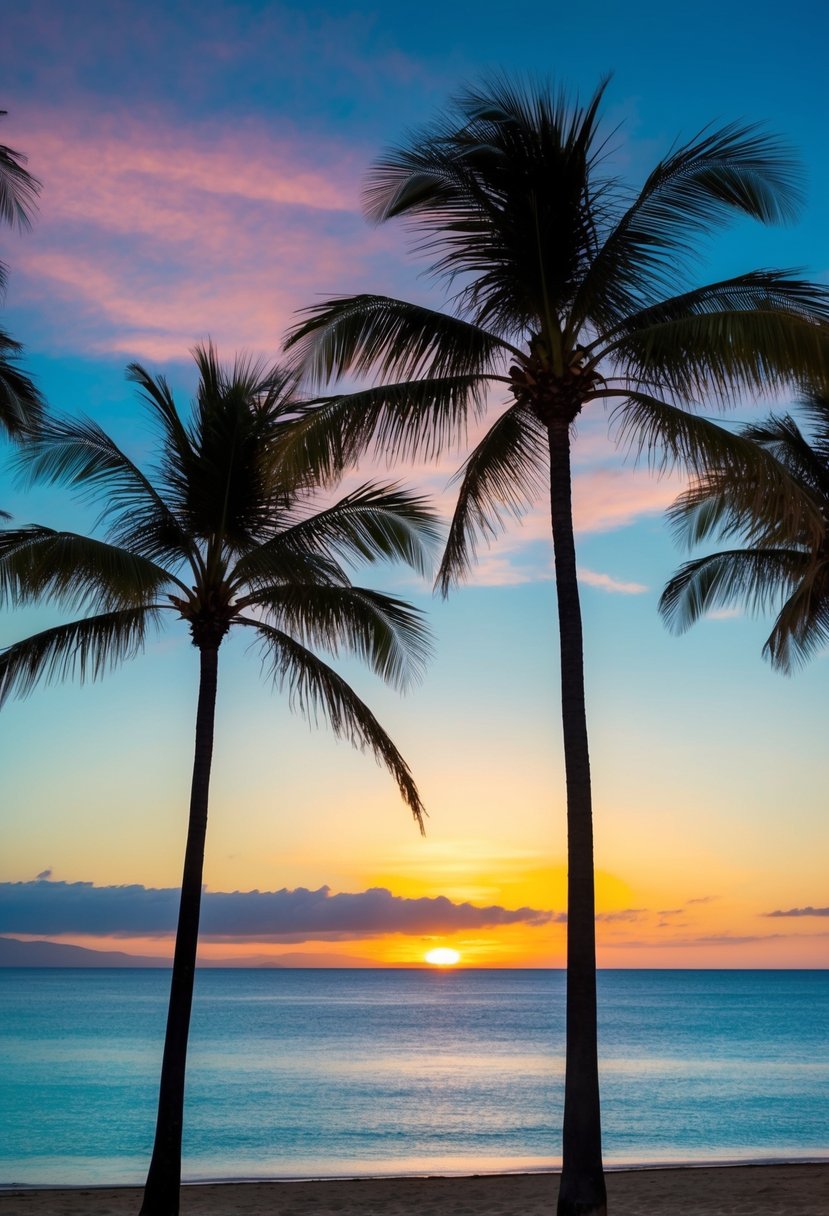 A tranquil beach with palm trees, clear blue water, and a colorful sunset over the horizon in Maui, Hawaii during December