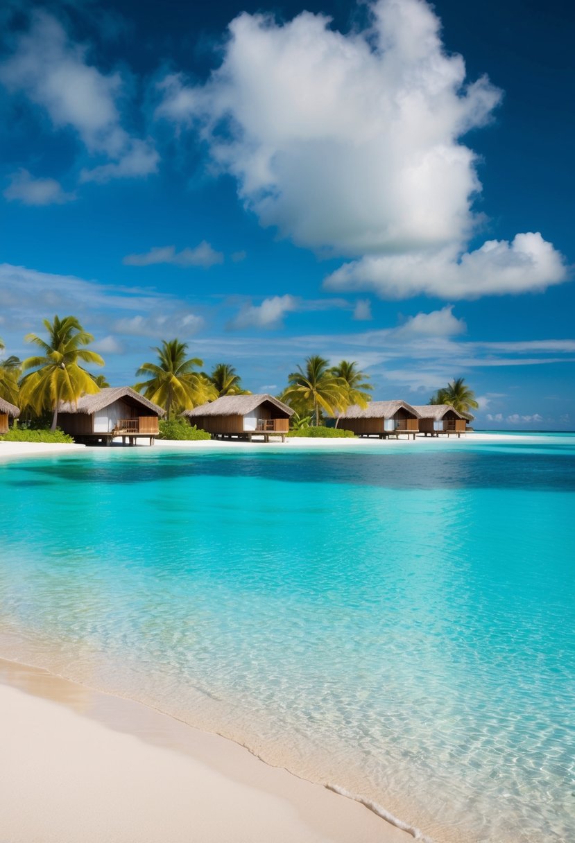 Crystal-clear lagoon with overwater bungalows and palm trees on a white sandy beach in Bora Bora, French Polynesia