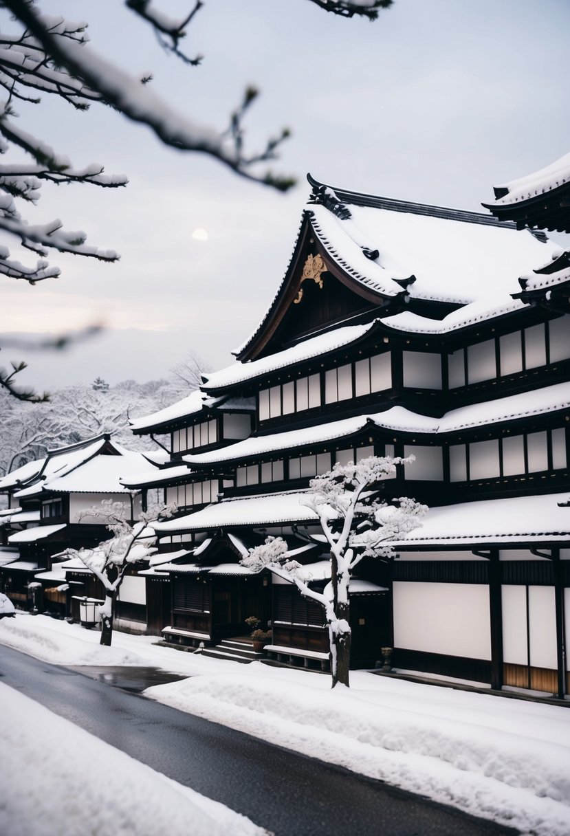 Snow-covered traditional Japanese buildings in Kyoto, with a serene winter landscape and a peaceful atmosphere