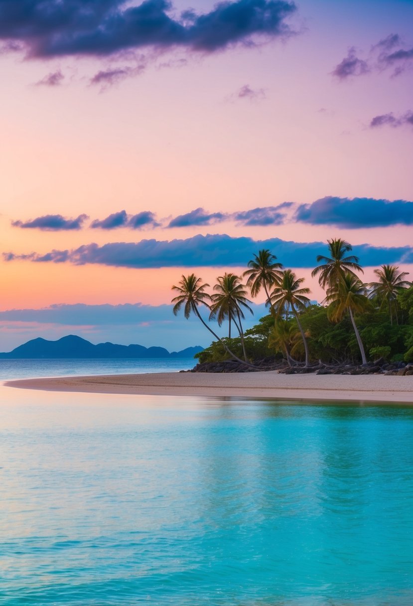 A serene beach with crystal-clear waters, palm trees, and a colorful sunset on Ishigaki Island in Okinawa, Japan