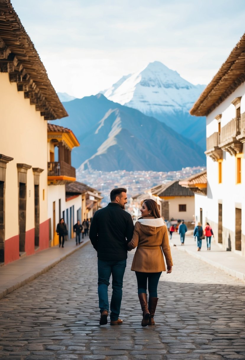 A couple strolling through the historic streets of Cusco, surrounded by ancient Incan ruins and colorful colonial architecture, with the snow-capped Andes in the distance