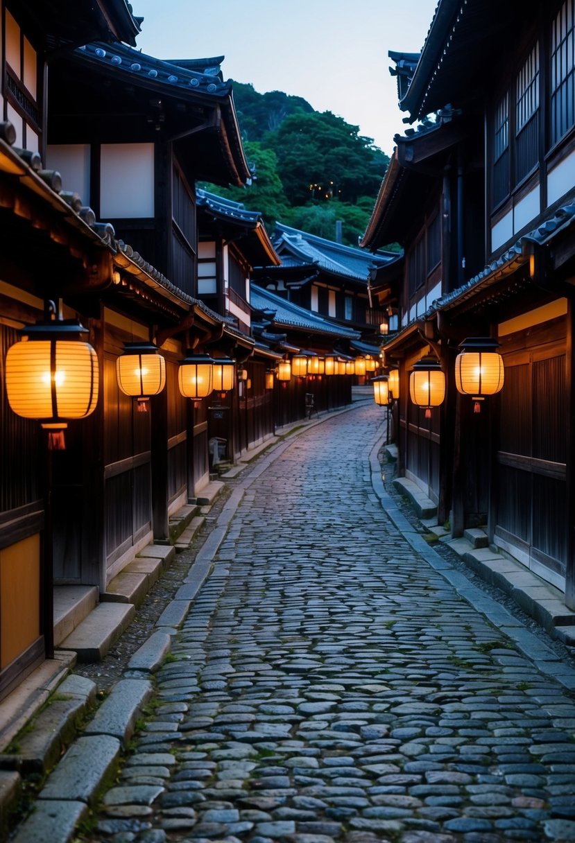 Cobblestone streets wind past traditional wooden buildings in Hida-Takayama, Japan. Lanterns cast a warm glow on the historic district, creating a romantic atmosphere for honeymooners