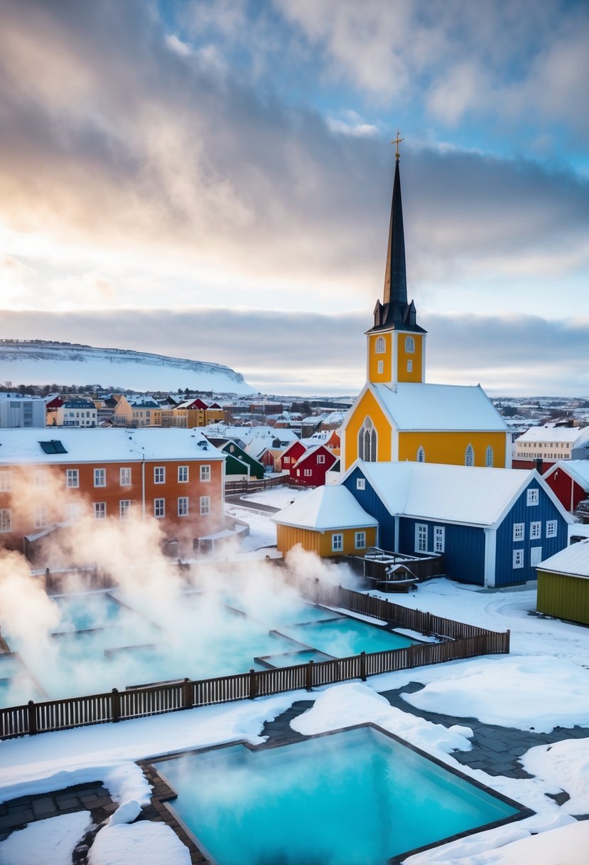 Snow-covered cityscape with colorful buildings, steam rising from geothermal pools, and the iconic Hallgrímskirkja church towering over the skyline