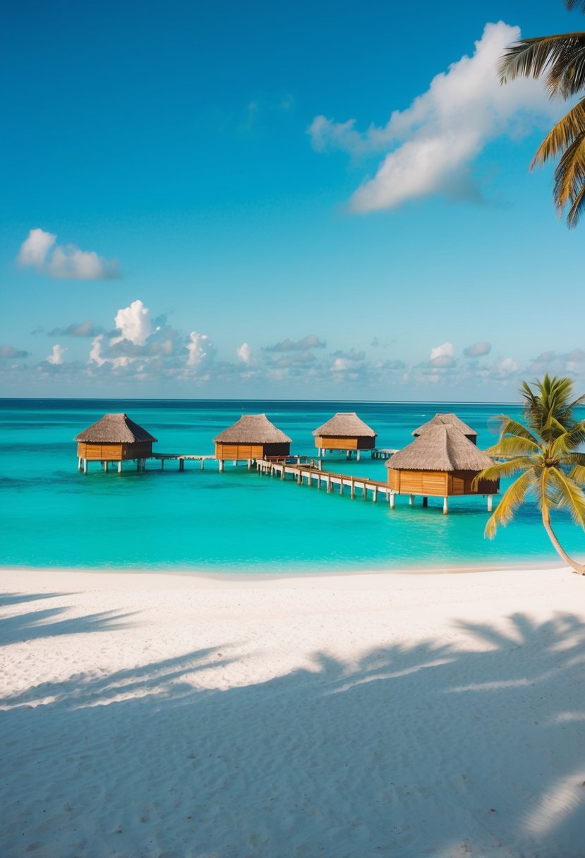 Turquoise waters, white sandy beaches, overwater bungalows, palm trees, and clear blue skies at Maldives honeymoon destination in December