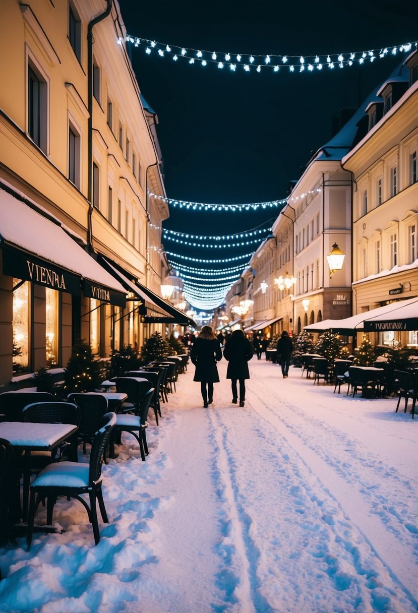 Snow-covered streets, twinkling lights, and cozy cafes in Vienna, Austria during December