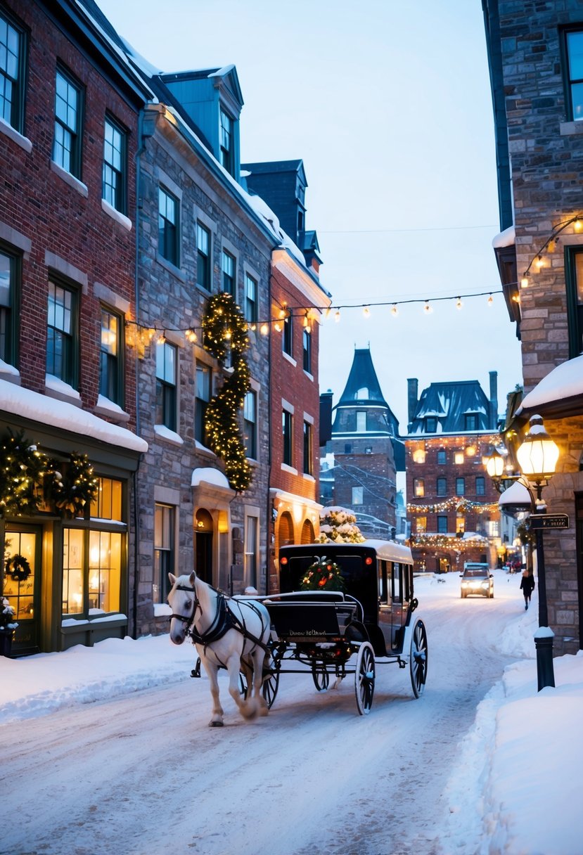 Snow-covered streets in Old Quebec, with charming historic buildings and twinkling holiday lights. A horse-drawn carriage passes by, adding to the romantic atmosphere