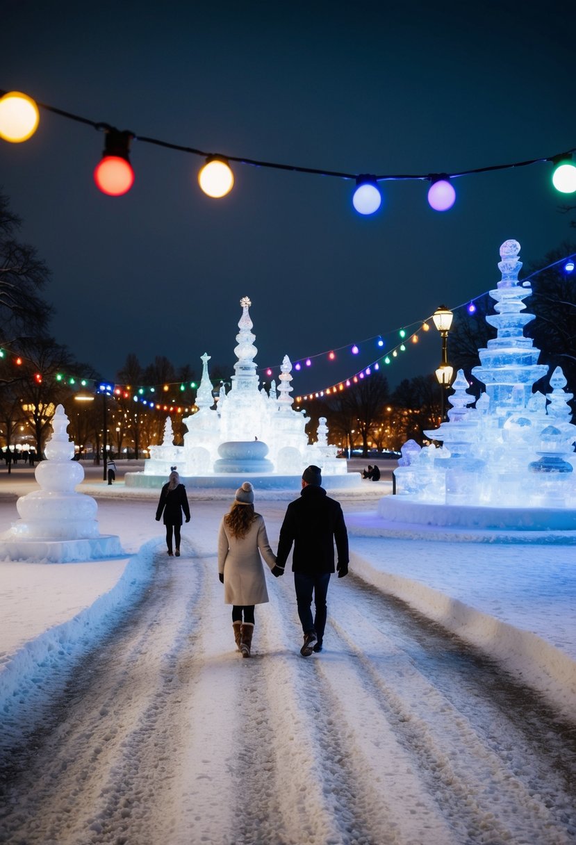 A snow-covered park with intricate ice sculptures, a couple strolling hand in hand, and colorful lights illuminating the night sky