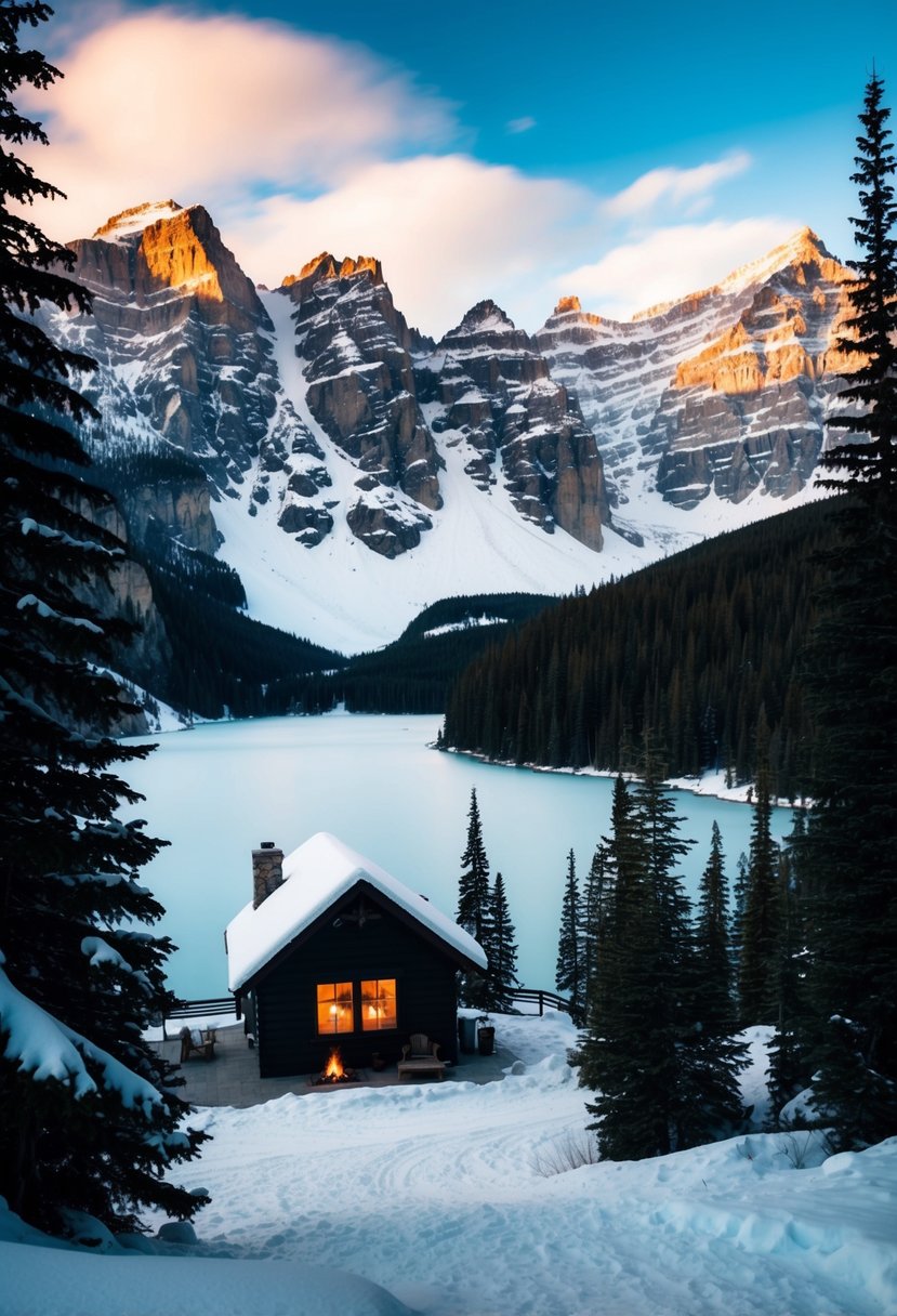 Snow-covered mountains and evergreen trees surround a cozy cabin with a warm fire, overlooking a frozen lake in Banff, Canada