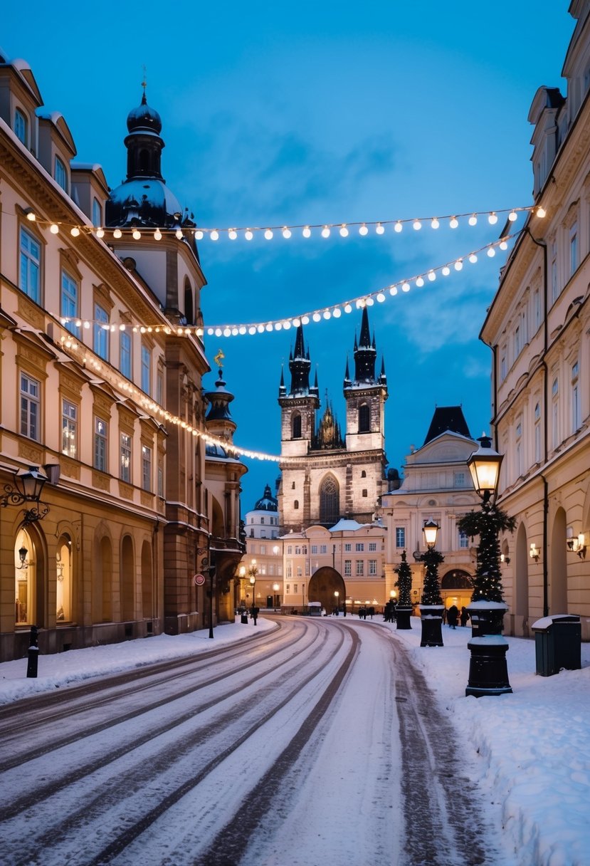 A snowy Prague street at dusk, with twinkling holiday lights and historic architecture