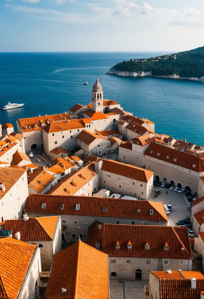 A charming coastal town in Dubrovnik, Croatia, with historic stone walls and red-tiled roofs, overlooking the sparkling Adriatic Sea