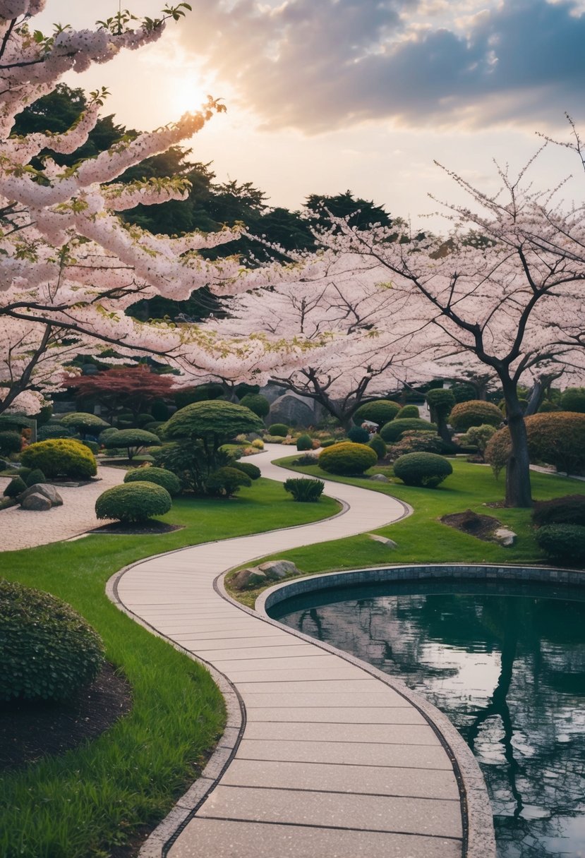 A serene garden with winding paths, blooming cherry blossoms, and tranquil ponds, perfect for a romantic honeymoon in Japan