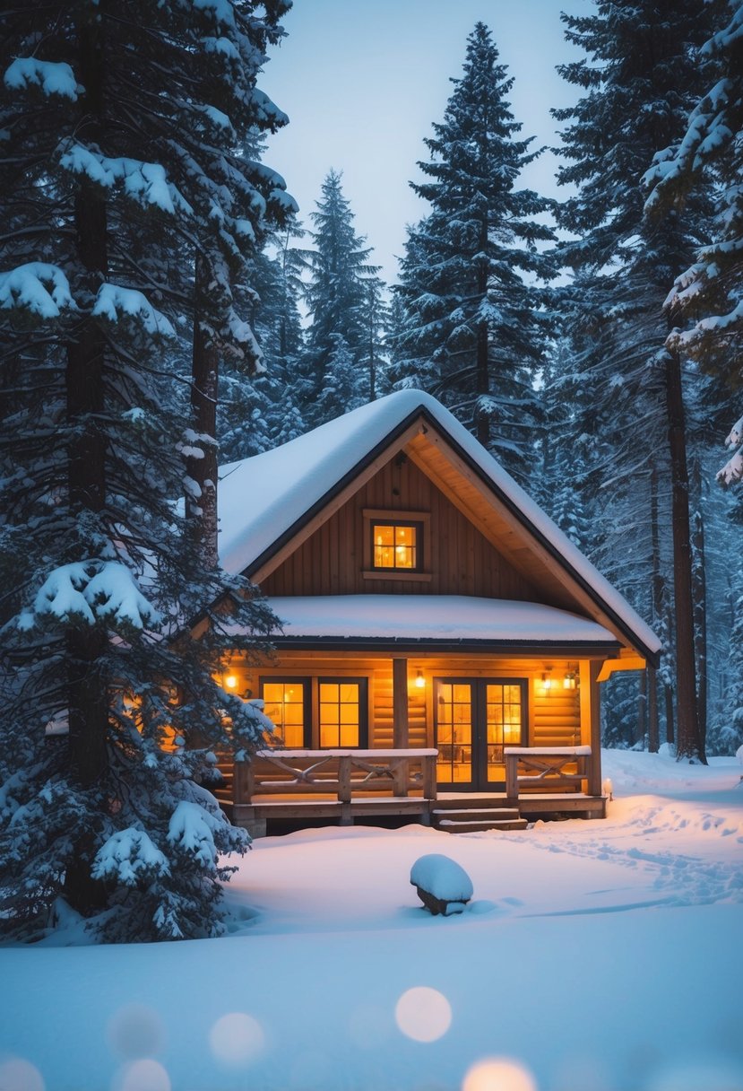 A cozy cabin nestled in a snowy forest, with a warm glow emanating from its windows. Snow-covered trees and a serene, wintry landscape surround the peaceful retreat