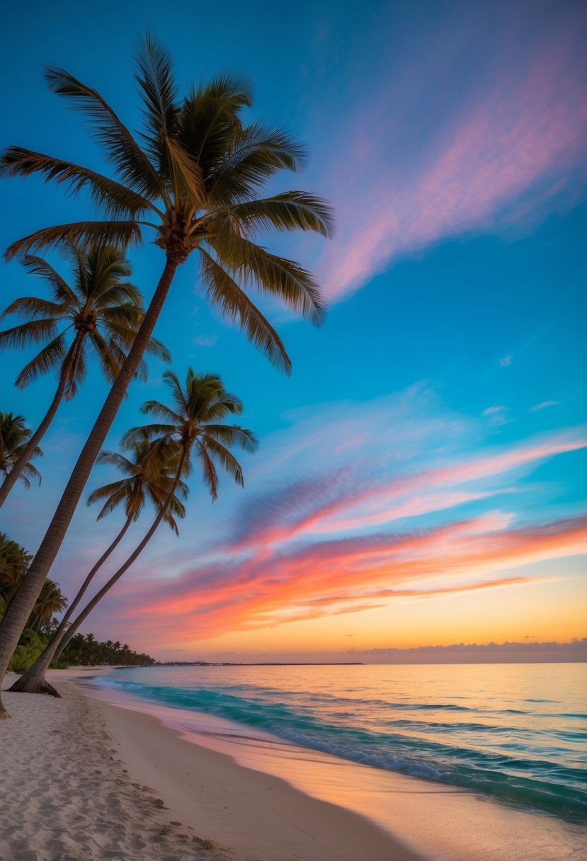 A picturesque beach with palm trees, crystal-clear waters, and a colorful sunset sky