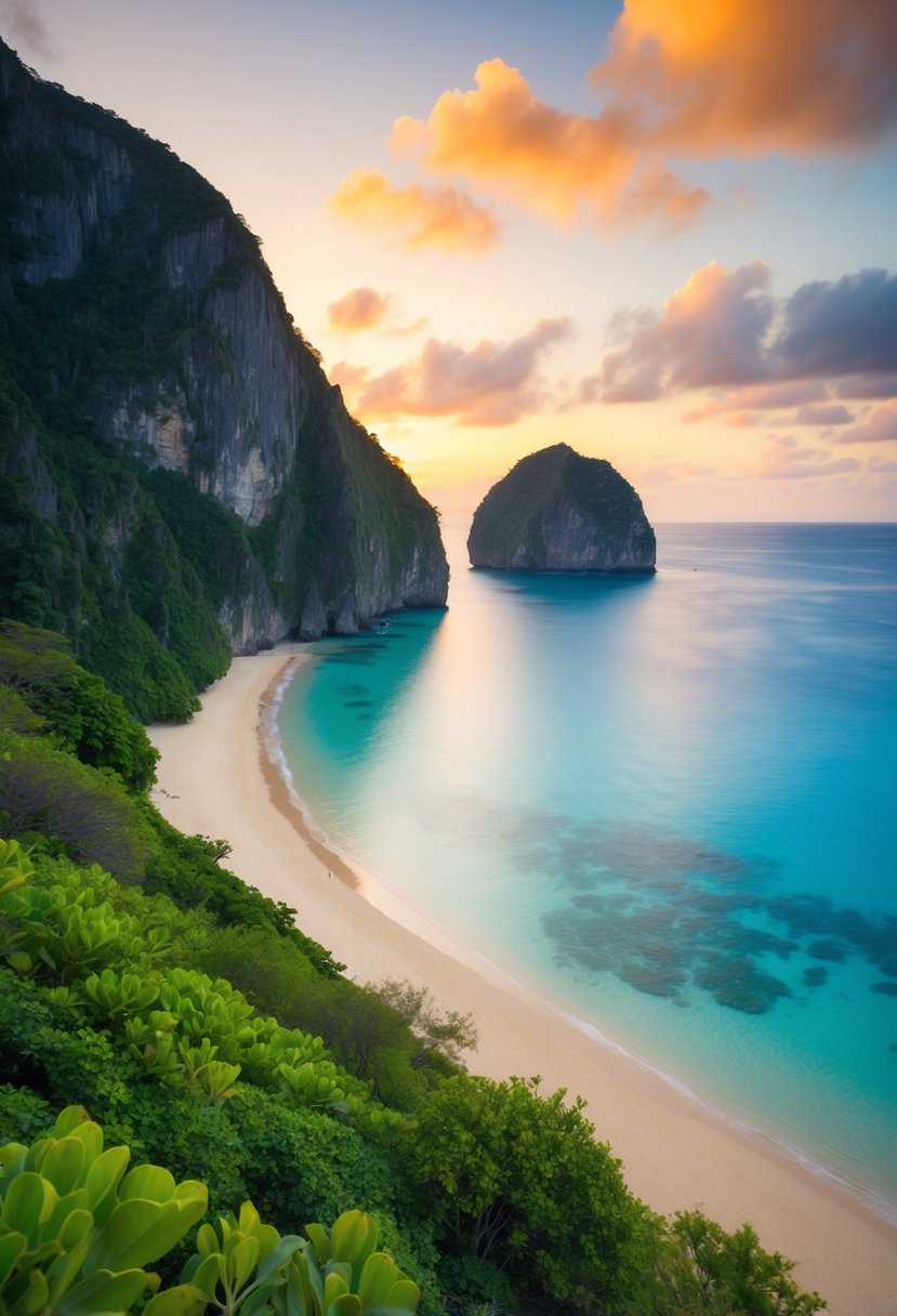 A tranquil beach with crystal clear water and lush greenery, surrounded by towering cliffs and a colorful sunset in the background