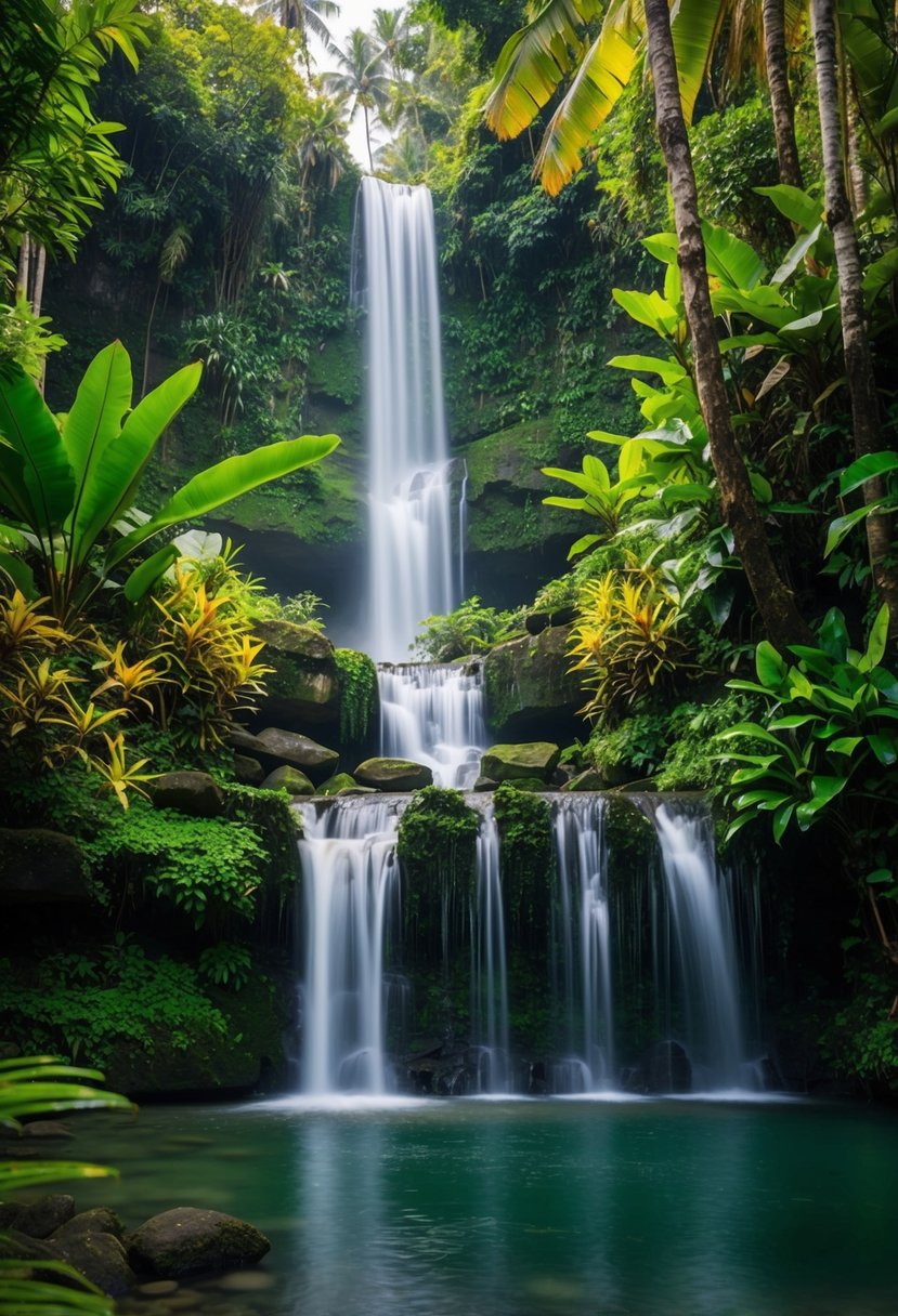 Lush jungle retreat with cascading waterfalls and exotic wildlife in Bali's Ubud