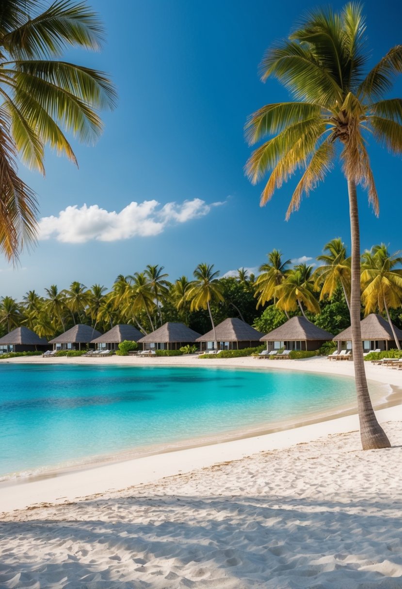 A serene beachfront with palm trees, crystal-clear waters, and luxurious bungalows nestled in the white sand