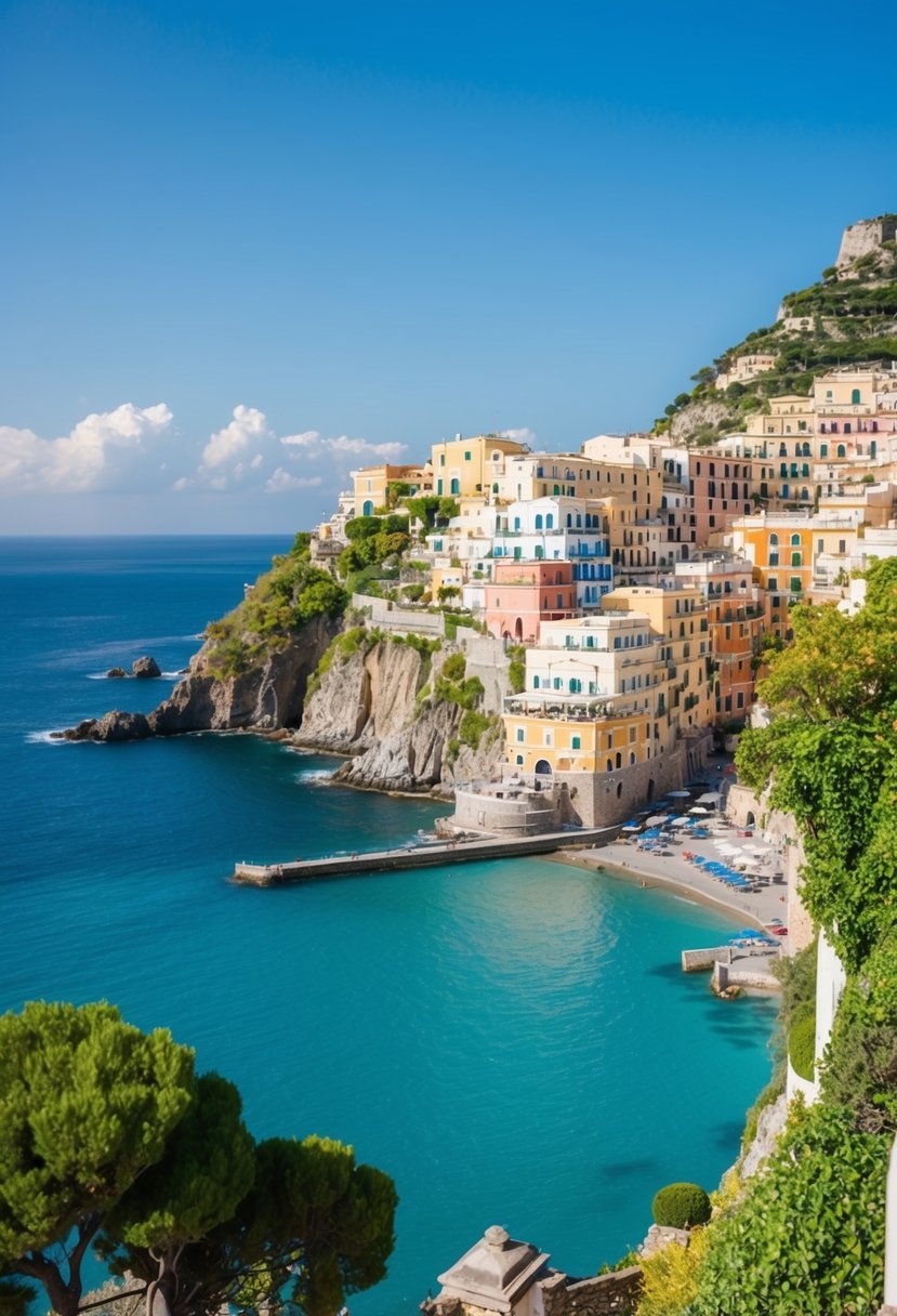 A seaside cliff overlooking turquoise waters and colorful buildings on the Amalfi Coast, with lush greenery and a clear blue sky