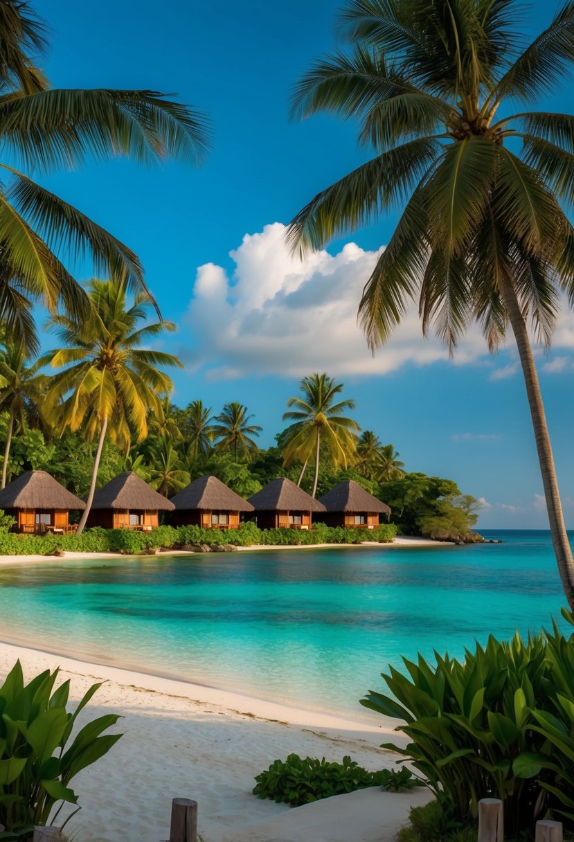 A tranquil beach with crystal-clear water, palm trees, and luxurious bungalows nestled among lush greenery at Lombok's Serene Resorts
