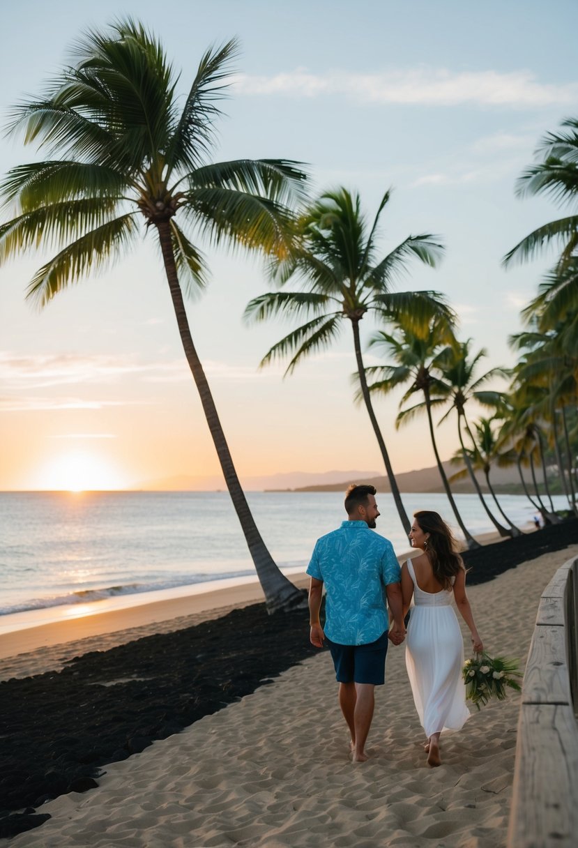 A couple strolls along a pristine beach in Maui, Hawaii, with palm trees swaying in the gentle breeze and the sun setting over the horizon