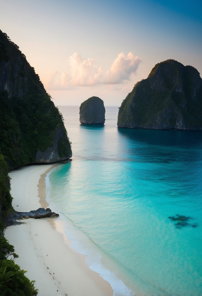 A serene beach with crystal-clear waters, lush green cliffs, and a secluded white sand shore on Nusa Penida Island, Indonesia
