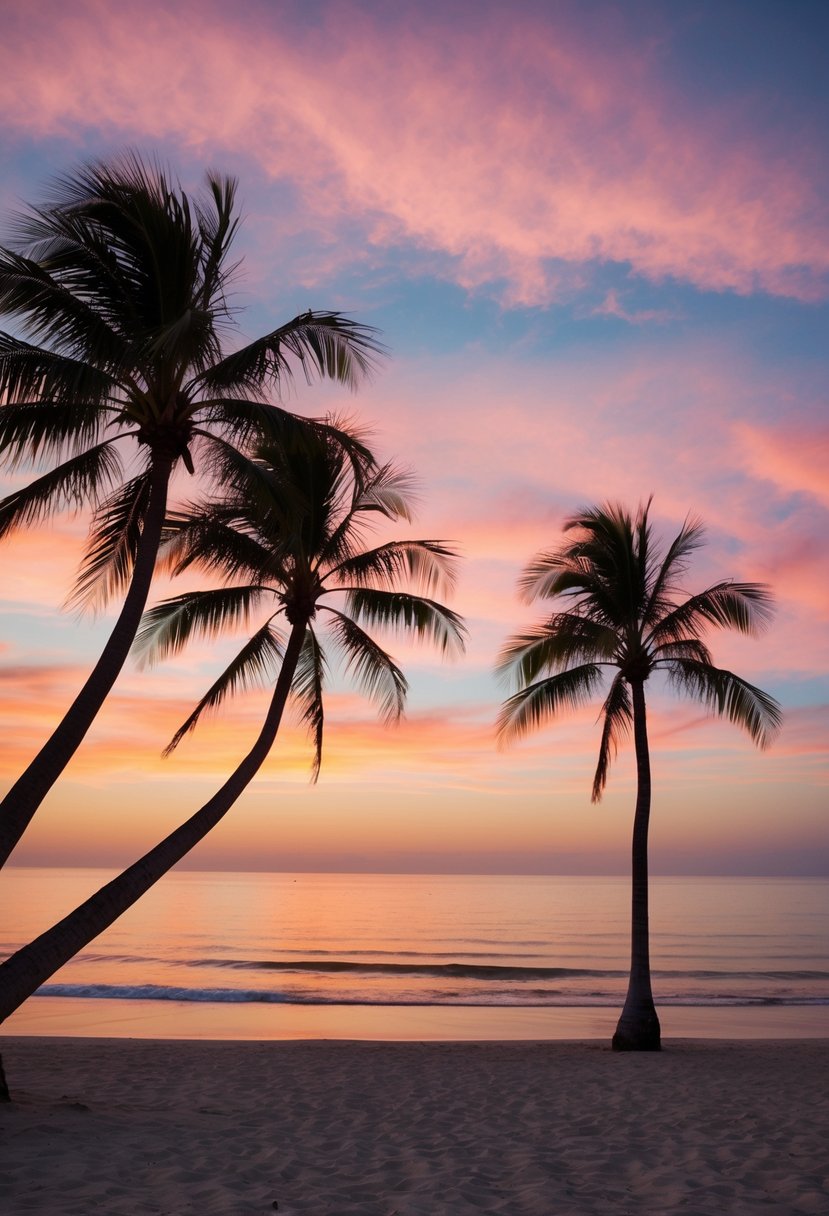 A serene beach at sunset, with palm trees swaying in the gentle breeze and a colorful sky painted with hues of pink and orange