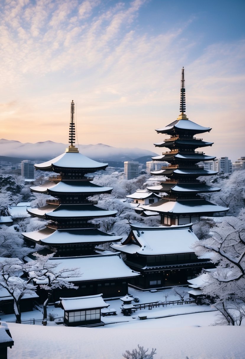 A serene Kyoto landscape with snow-covered temples and traditional architecture, set against a backdrop of peaceful winter scenery