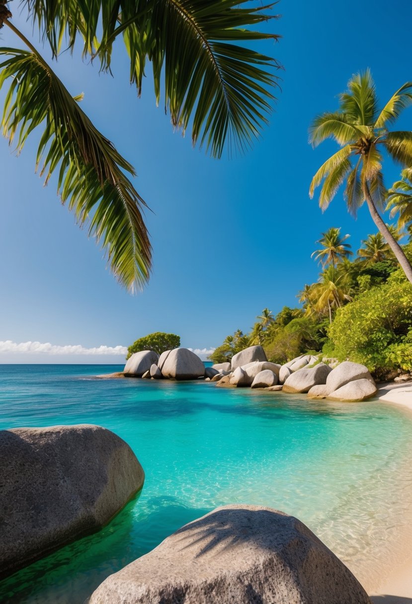A secluded beach with crystal-clear turquoise waters and lush greenery, framed by granite boulders and palm trees under a clear blue sky
