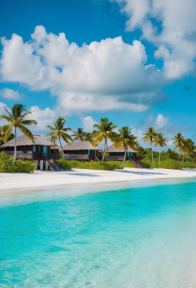 Crystal-clear turquoise waters lapping against white sandy beaches with overwater bungalows and lush green palm trees