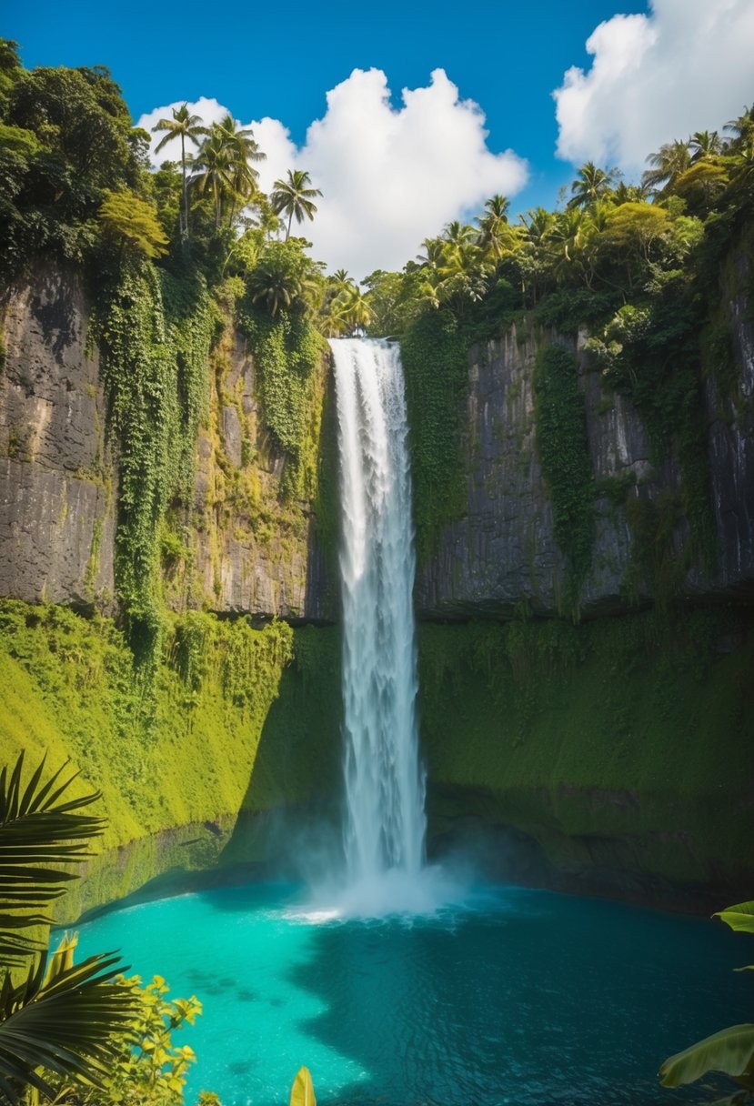 A majestic waterfall cascading down lush green cliffs into a crystal clear pool surrounded by tropical foliage