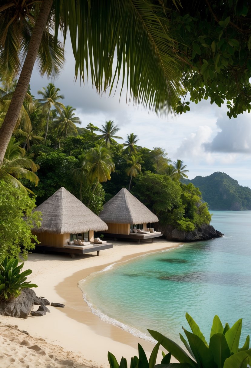 A secluded beach cove with luxurious, thatched-roof bungalows nestled among lush tropical foliage on Flores Island, Indonesia