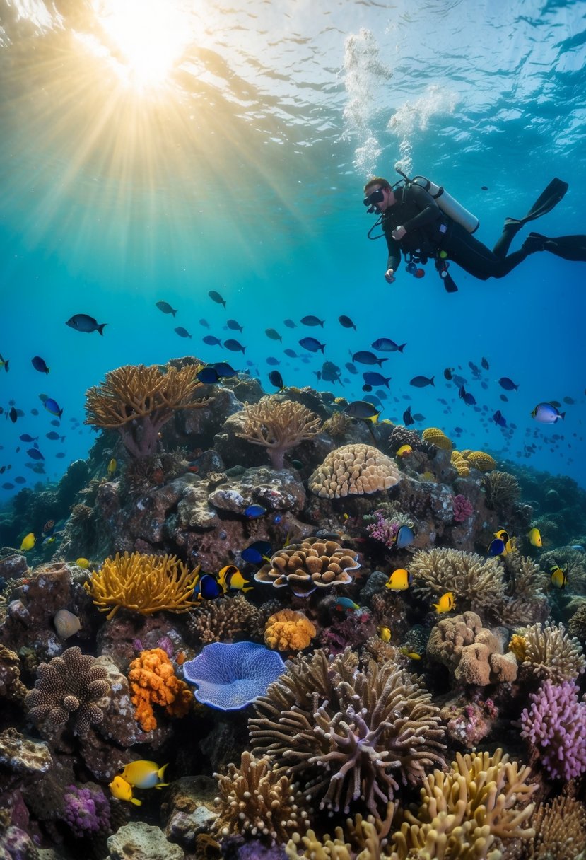 A colorful coral reef teeming with marine life in Bunaken Marine Park, Indonesia