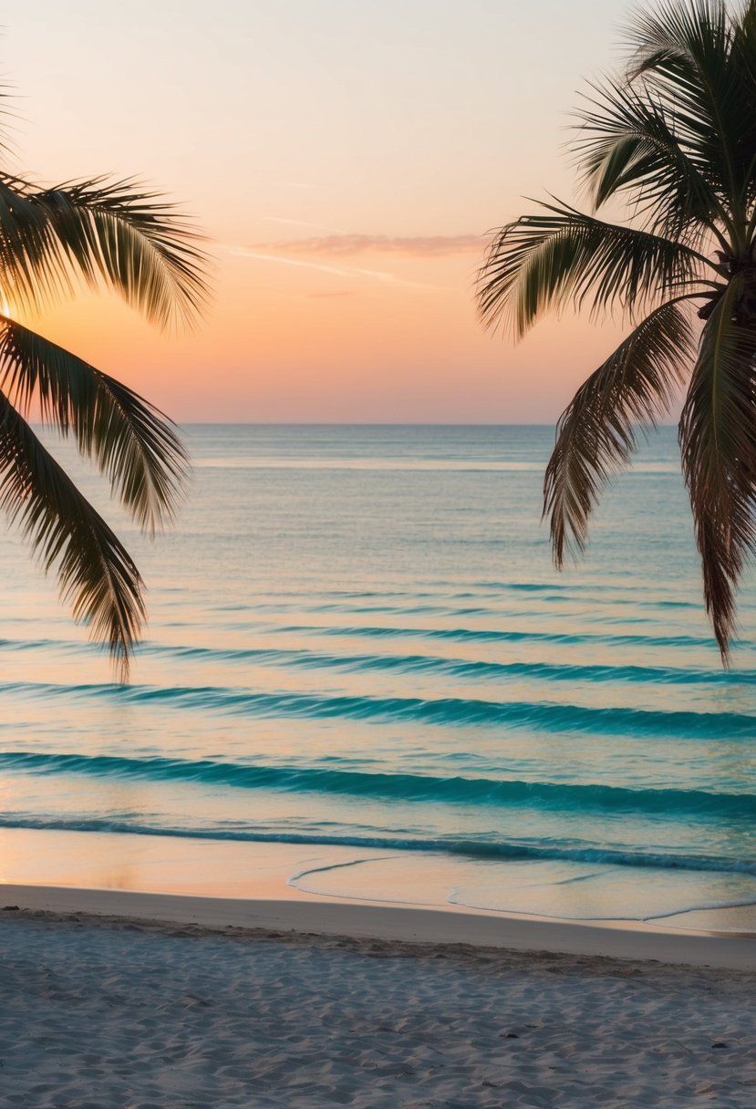 A serene beach at sunset with palm trees and a calm, turquoise sea