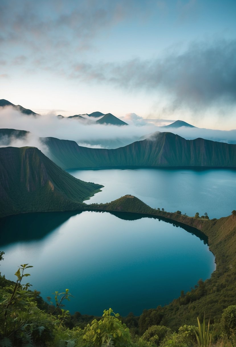 A serene lake nestled within a volcanic caldera, surrounded by lush greenery and misty mountains
