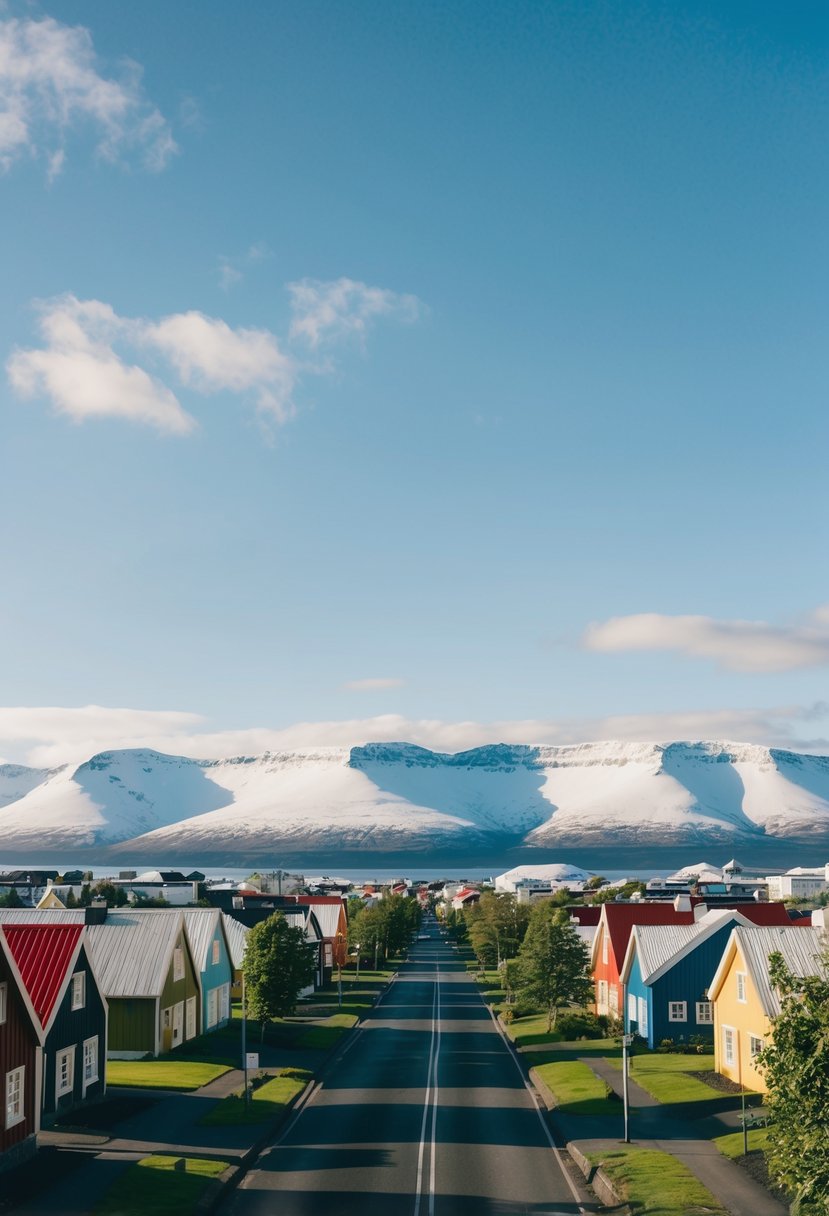A picturesque scene of Reykjavik in June: colorful houses lining the streets, surrounded by lush greenery and the backdrop of snow-capped mountains under a clear blue sky