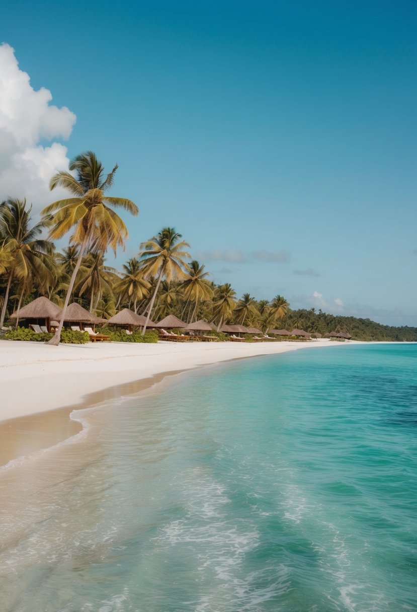 A pristine beach with crystal-clear waters, palm trees, and luxurious resorts nestled along the shore in West Papua's Sorong, Indonesia