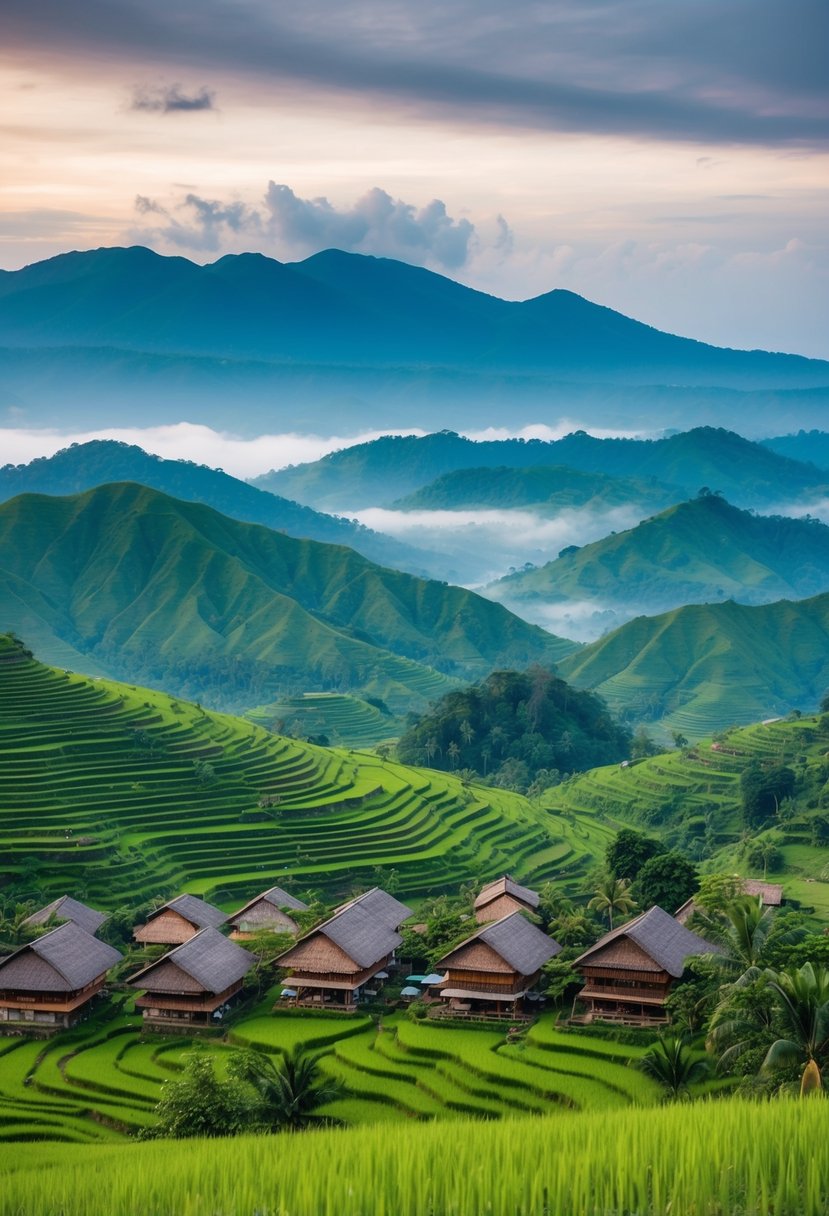 Lush green hills dotted with traditional Torajan houses, surrounded by rice terraces and misty mountains in Tana Toraja, Sulawesi